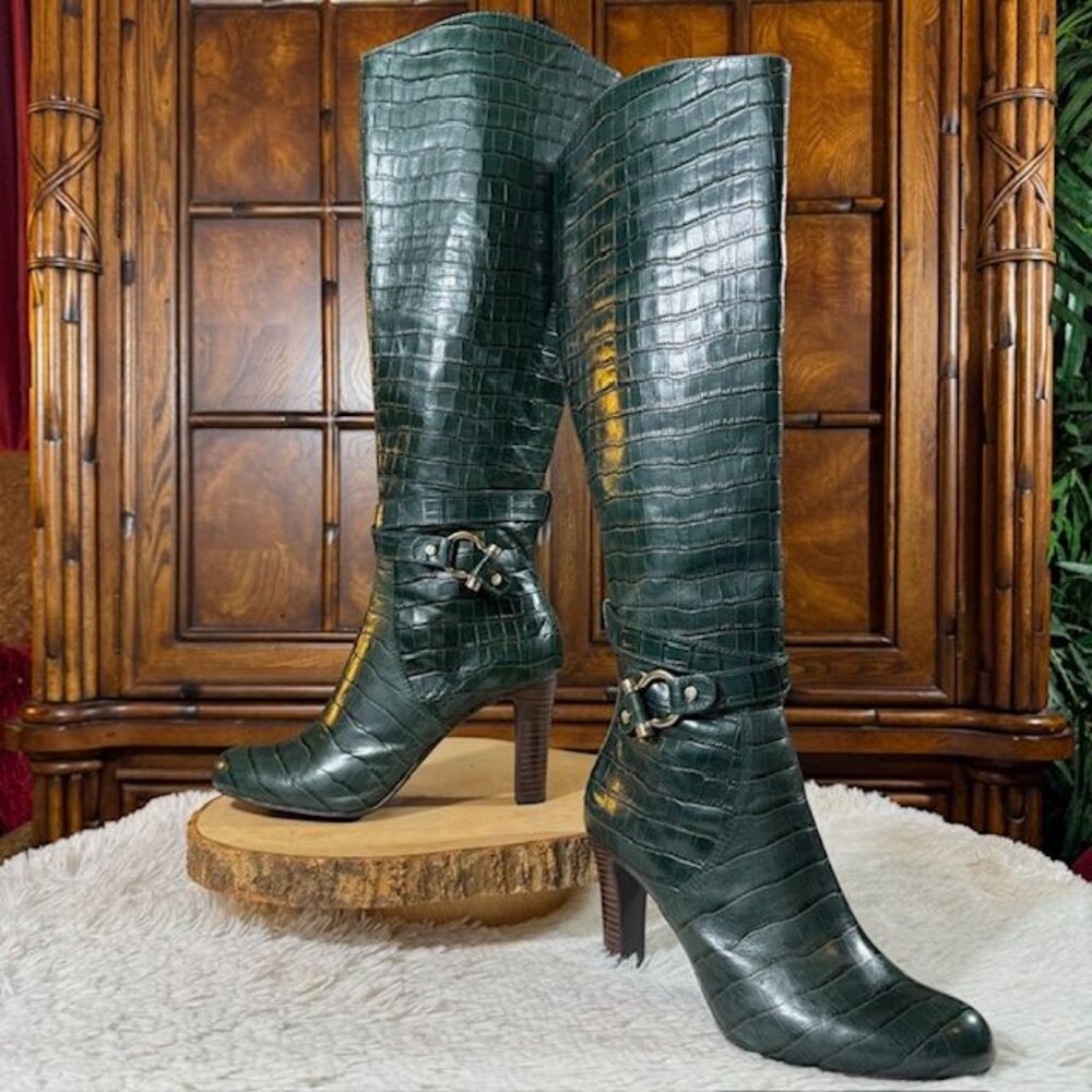 Jones New York Horsebit Dark Green Genuine Leather Croc Embossed Equestrian Boot